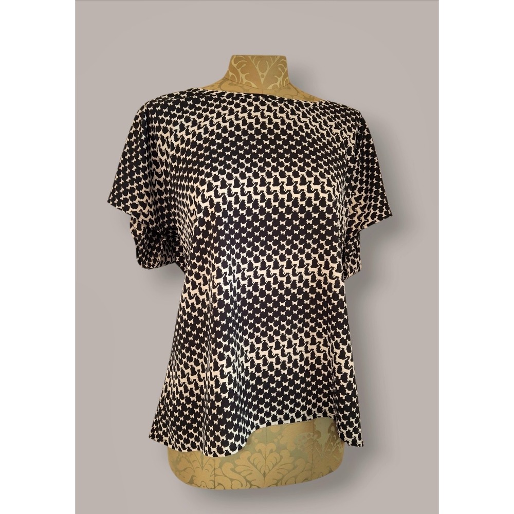 Pleione Psychedelic Cat Blouse Black White Retro Flowy Lightweight Size Medium